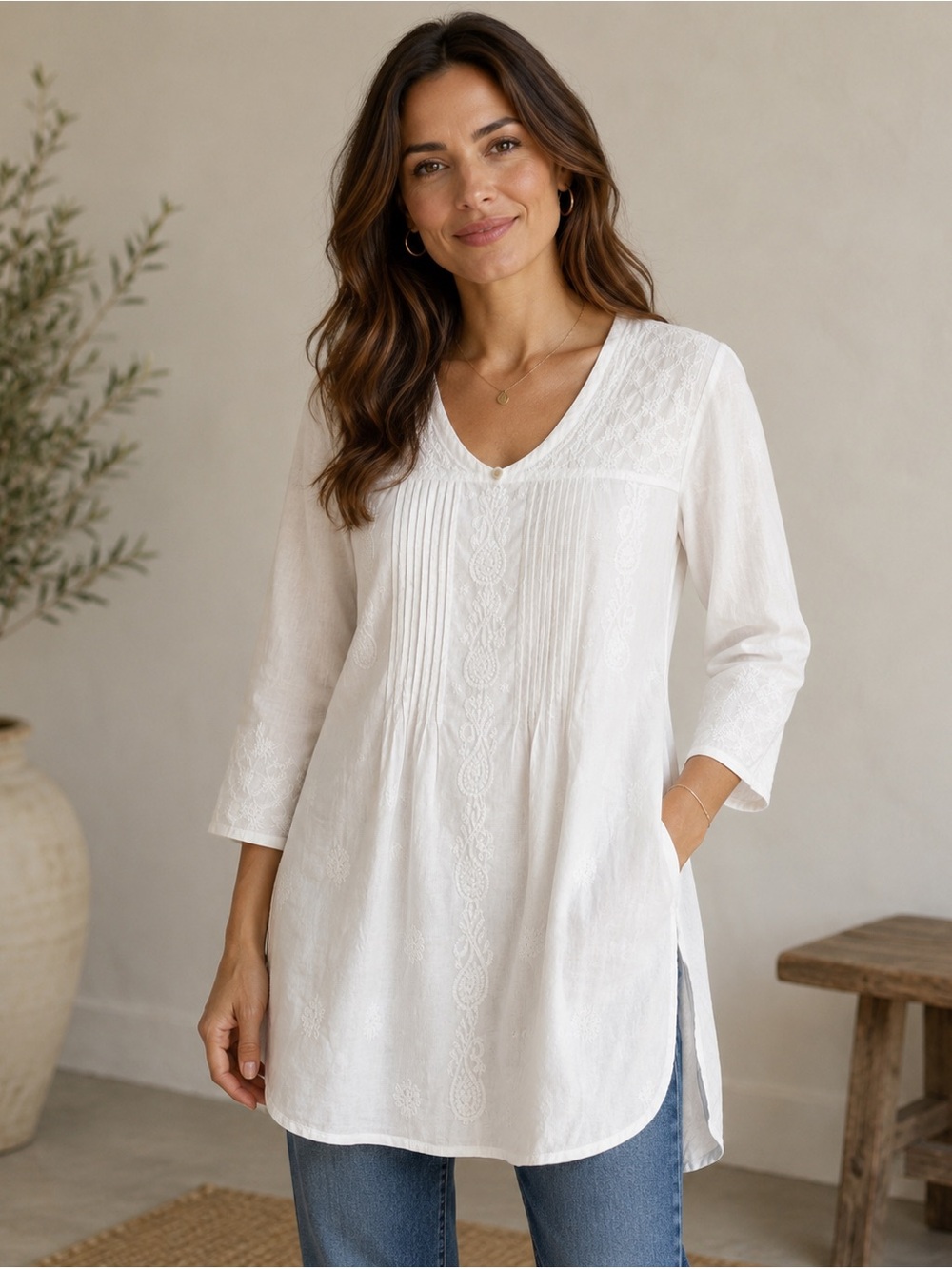 White Embroidered Boho Tunic Cottage core Pullover Cotton Top